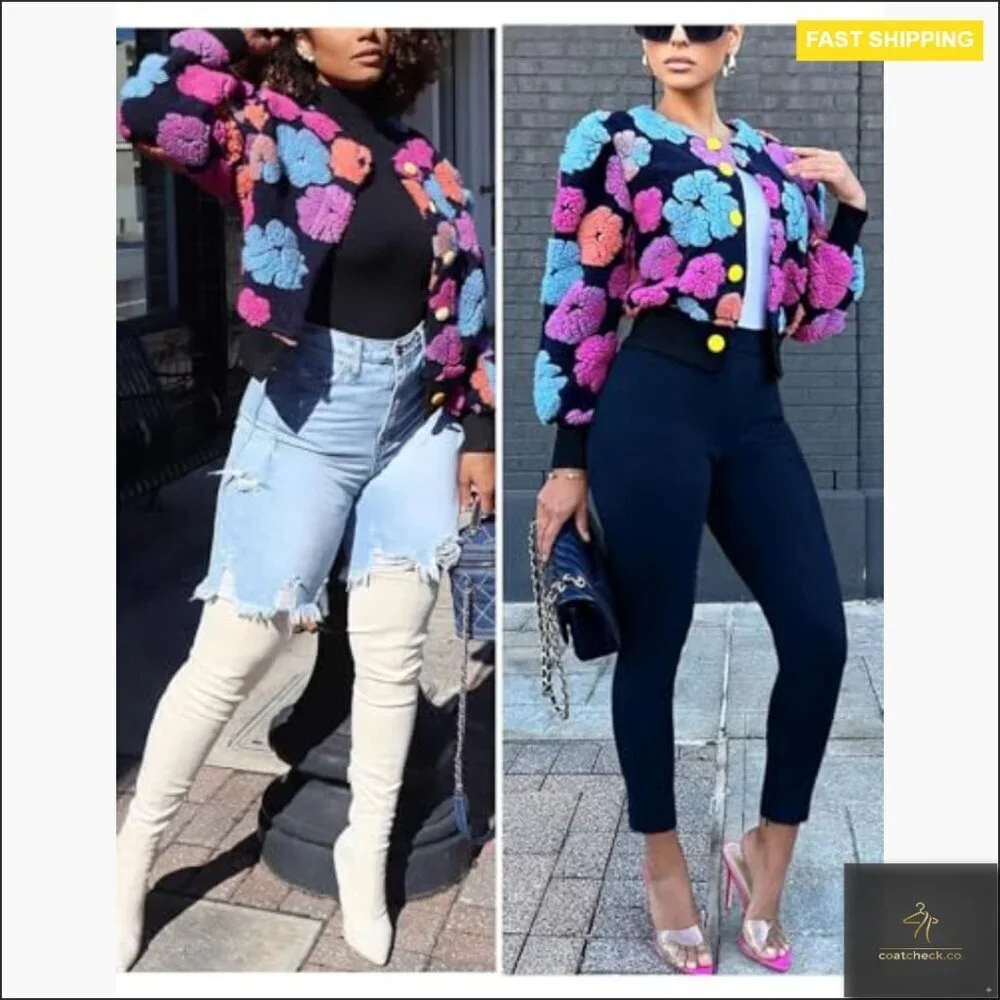 Cropped Fleece Bomber Jacket Puff Sleeve Floral Print Button Down